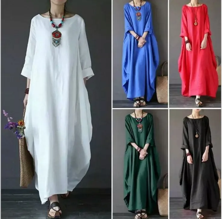 

Spring and Summer Literary Loose Large Size Solid Color Cotton Hemp Long Skirt Round Neck Mid-waist Dress No Accessories