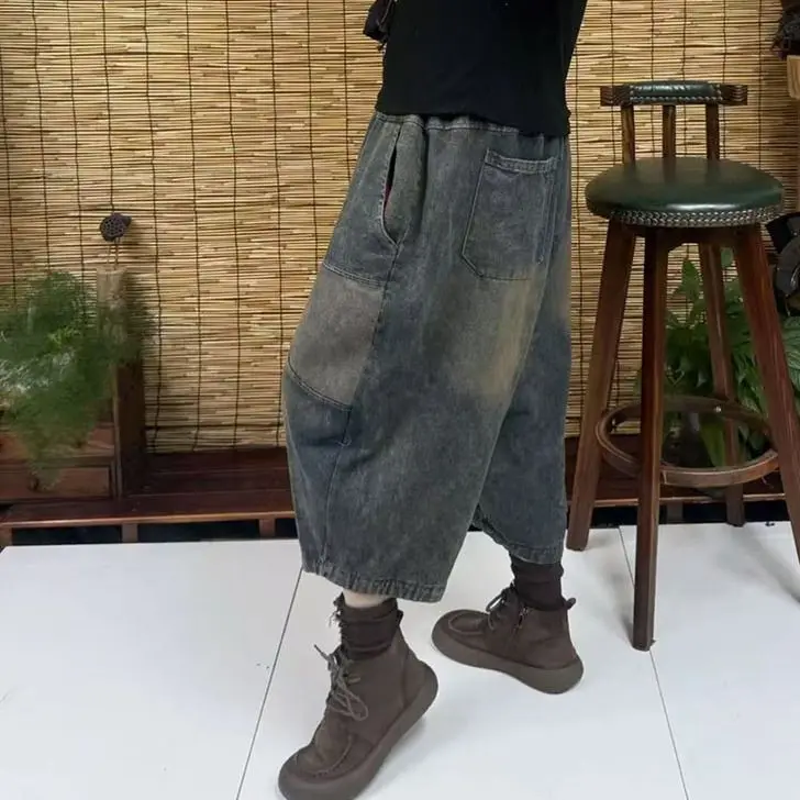 بنطلون جينز نسائي صيفي جديد بتصميم عتيق مغسول بطول الساق، فضفاض ومقاس كبير، مرقع، كاجوال، بخصر عالٍ وساق واسعة