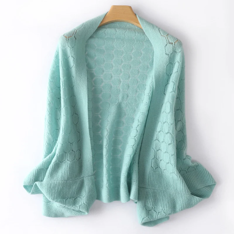 

Female 100% Cashmere Knit Shawl Scarf Sweater Women Four Seasons Soft Pure Colour Hollow Out Cardigan Fashion Mambo Mint Scarves