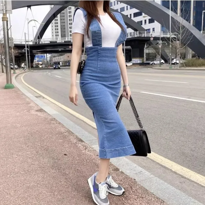 

Vintage Blue Denim Dress Women Korean Fashion Sleeveless Streetwear Bodycon Dress Summer High Waist Chic Vestidos Office Lady