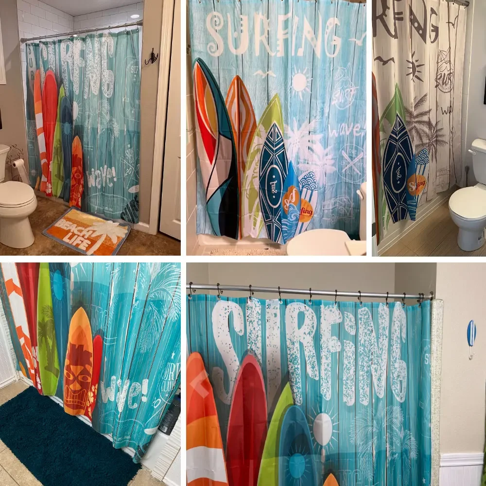 Tropical Colorful Surfboard Shower Curtain Summer Beach Vintage