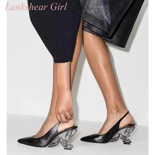 

2023 New Women's Butterfly Shaped Heel Black Pointed Toe Soft Leather Leather High Heels Women's Sandals