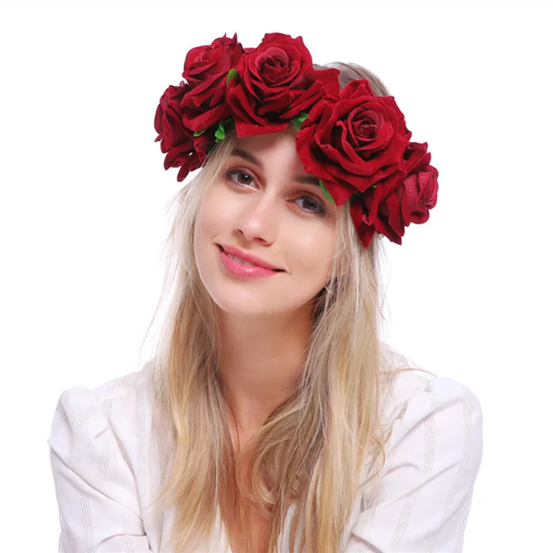 Opaska Kwiaty Na Wesele Big Rose Flowers Crown For Women Queen Wedding Bridal Wreath Girls Garland Elastico Nero Viola Rosso Capelli