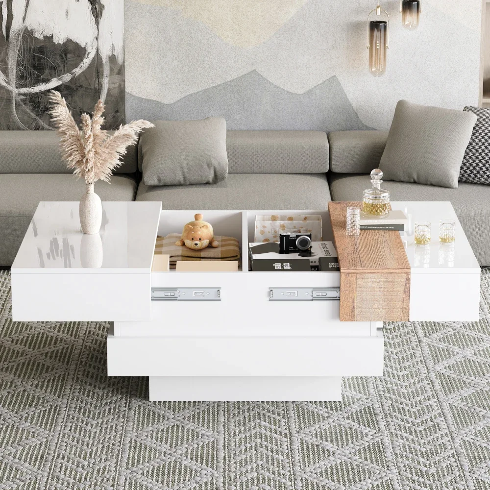 Moderner, hochglänzender, quadratischer Couchtisch, 70 x 70 x 39 cm, ausziehbares Design mit versteckter Stauraum, Farbblock-Wohnzimmer-Beistelltisch – Detail 32