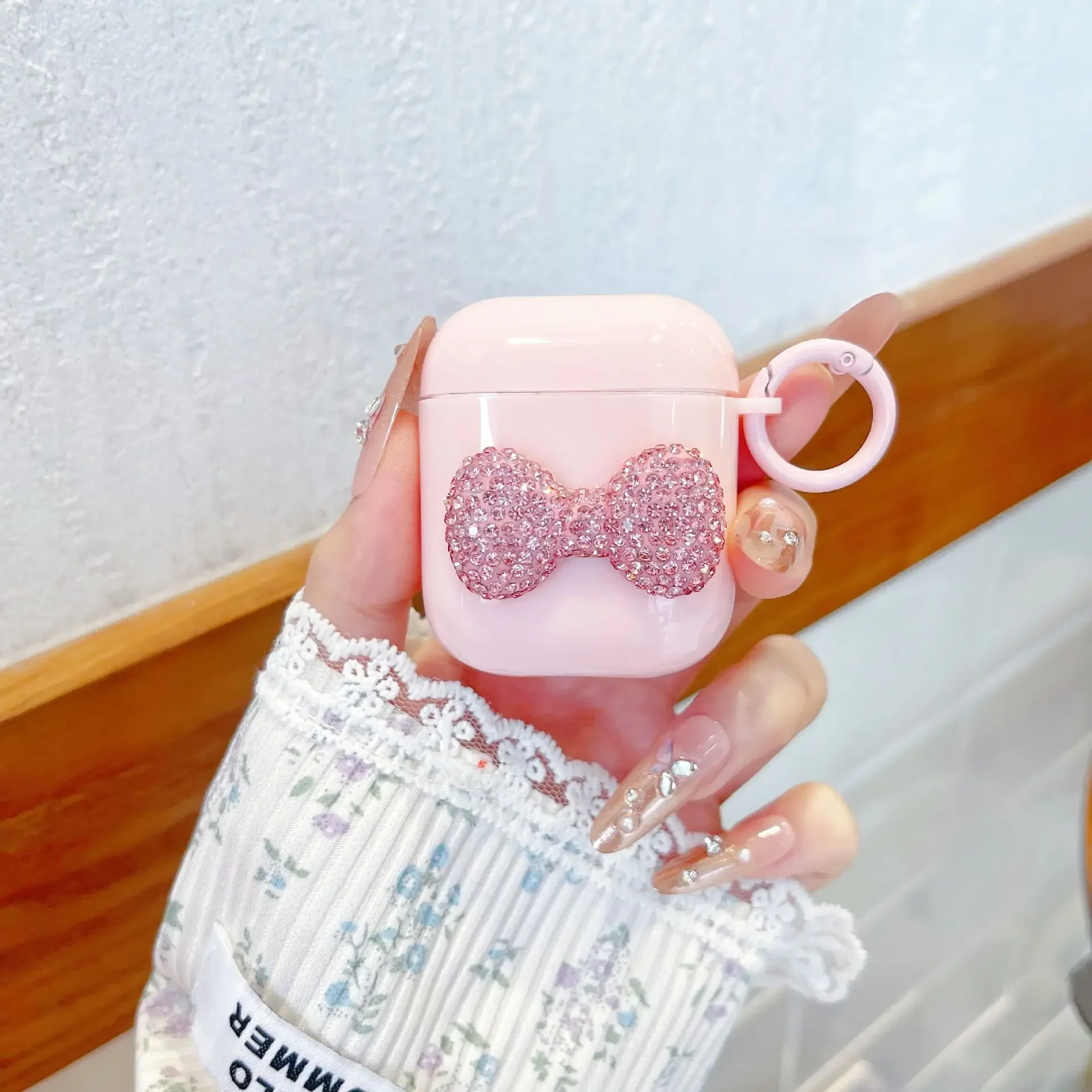 Cute Bow Pink Sparkling Diamond Earphone Case with Hook - Protective and Stylish Cartoon Design