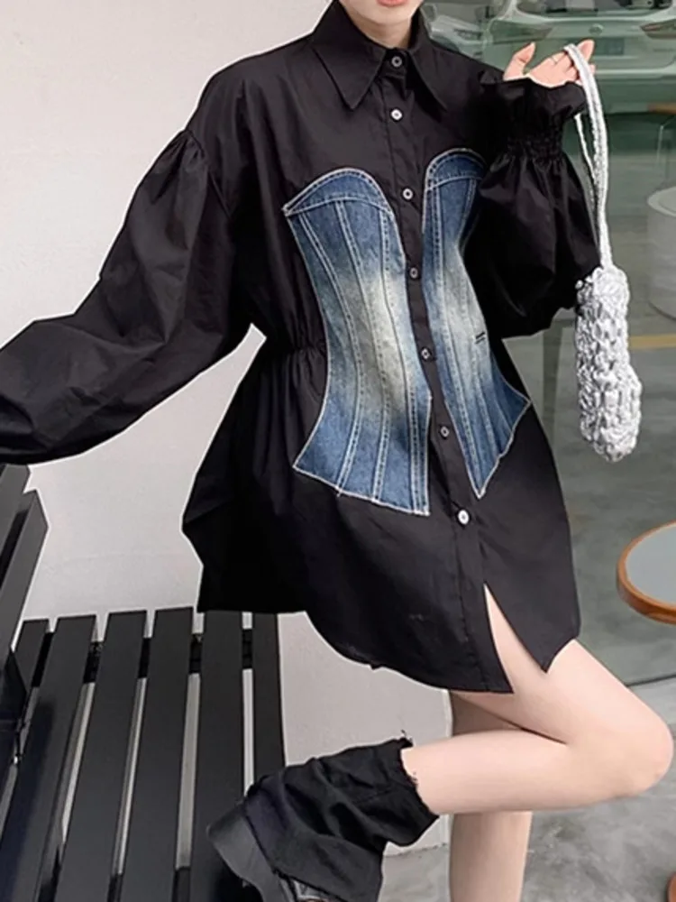 JNMC 긴팔 패치워크 데님 라펠 싱글 브레스트 허리 셔츠, 용수철 및 여름 신상 디자인, 2024