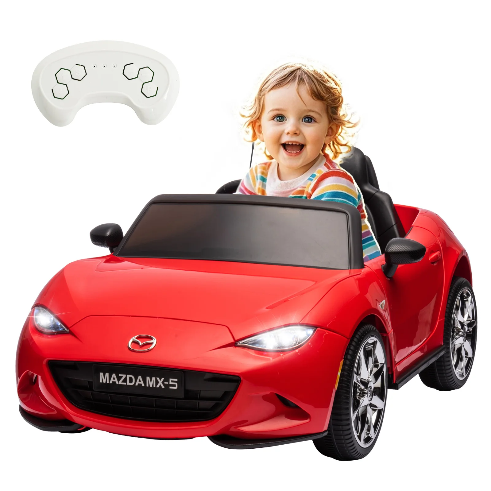 12V Dual Drive Kids Electric Ride on Car, Licensed Mazda MX-5 with Parent Remote, LED Light, Swing Function, One-Key Start