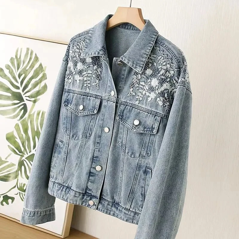 

Женская джинсовая куртка с винтажной вышивкой, свободная синяя джинсовая куртка в стиле Харадзюку, уличный ковбойский Топ, весна-осень 2024