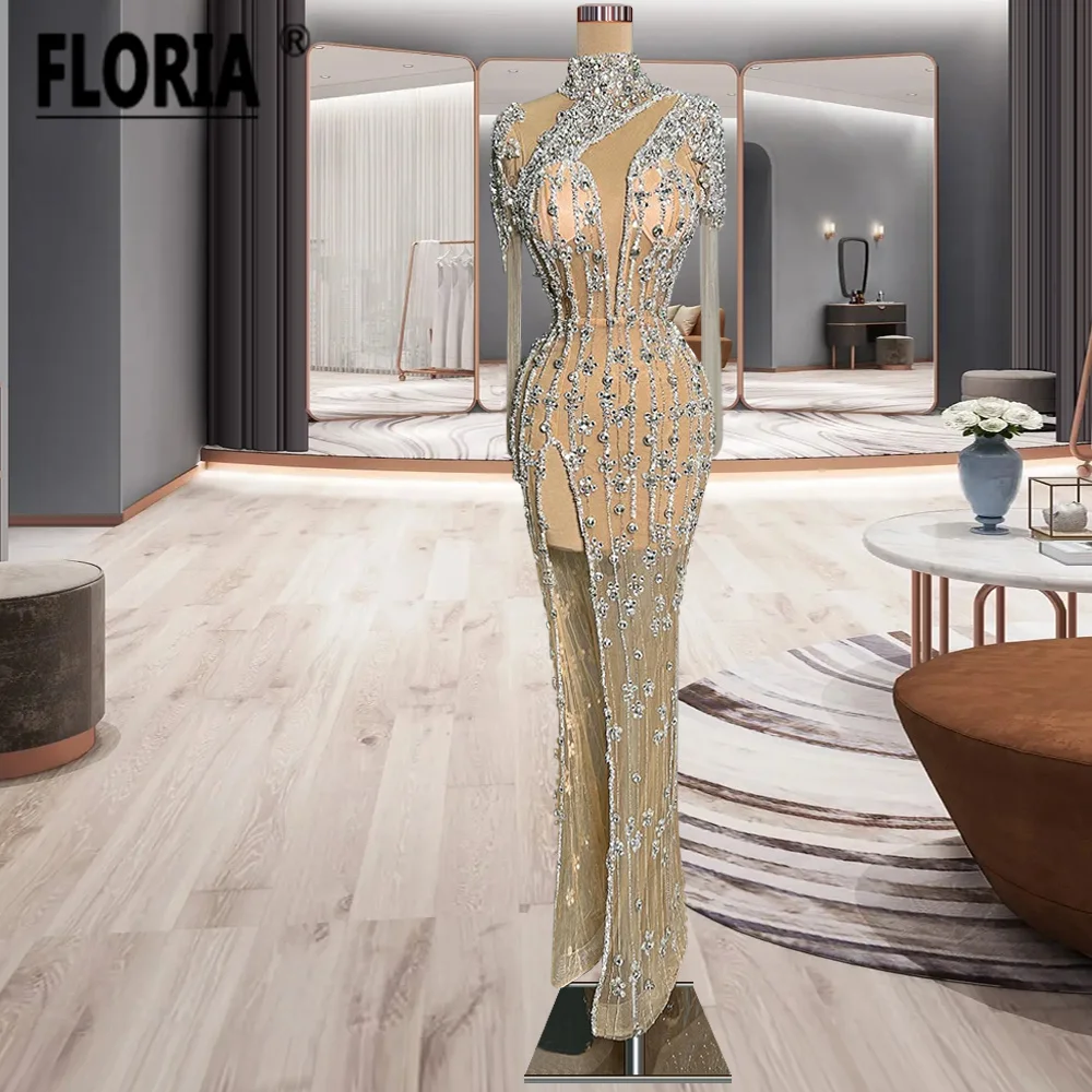 

Luxury Champange Mermaid Formal Occasion Dresses vestidos de ocasión formales Crystal Beading Long Sleeve Evening Party Gown