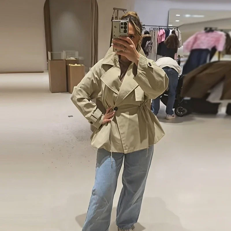 Simple Commute Lady Trench Coat Collar Tie Waist Cinched Button Patchwork Jacket 2026 Fall Chic Korean Office Daily Outerwear