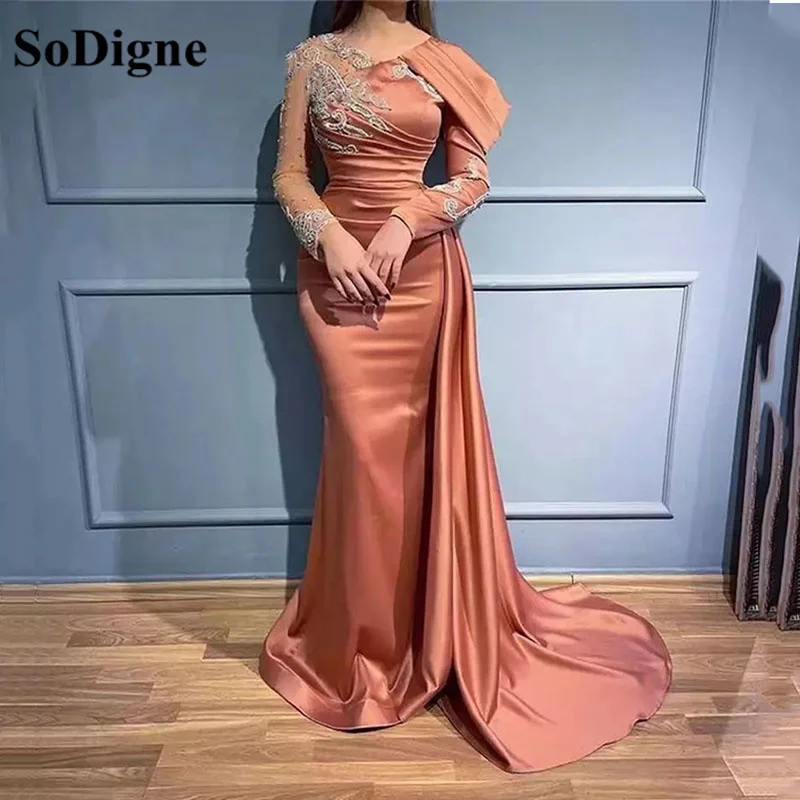 SoDigne-vestido de noche árabe de sirena de Dubái para mujer, vestido de fiesta Formal elegante con apliques de cuentas de manga larga para boda