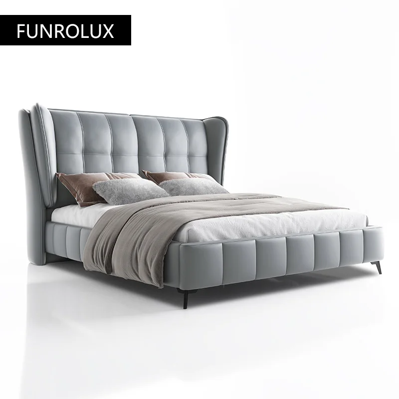 Luxury Modern Leather Bed Double Bed Master Bedroom1.5/1.8M Beige Matte Leather Soft Queen/King Size leather bed