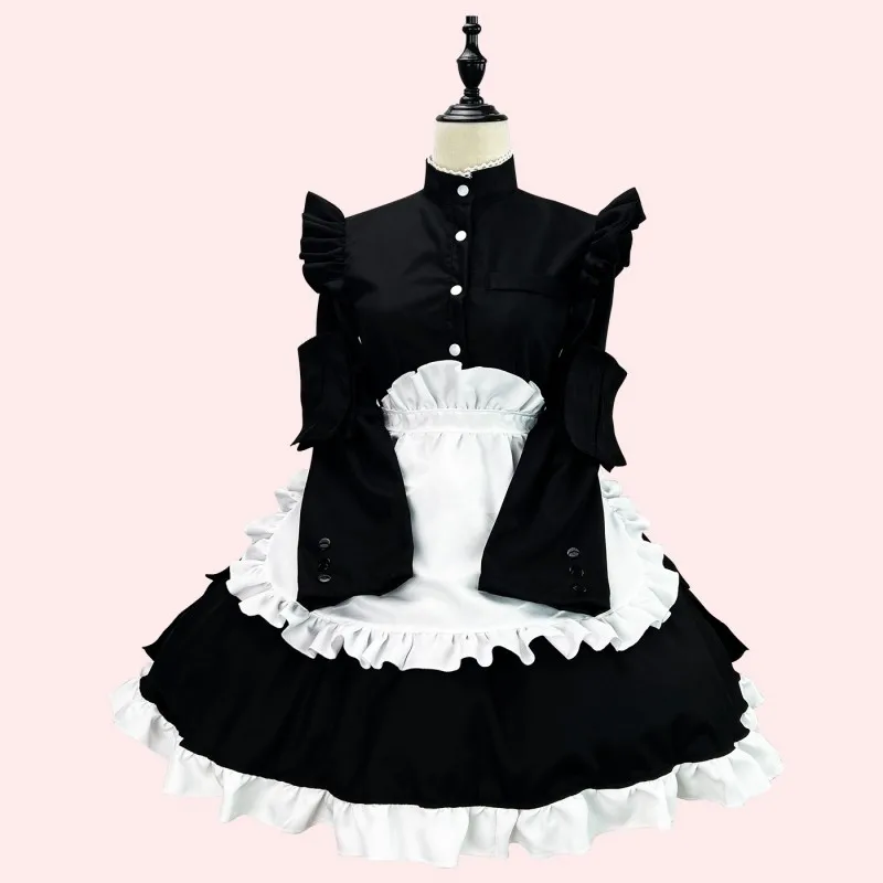 

Spring Summer New Young Woman Black Maid Dress Short Length Button Sweet Cool Frock Lolita Skirt Thin Halloween Cosplay Costume