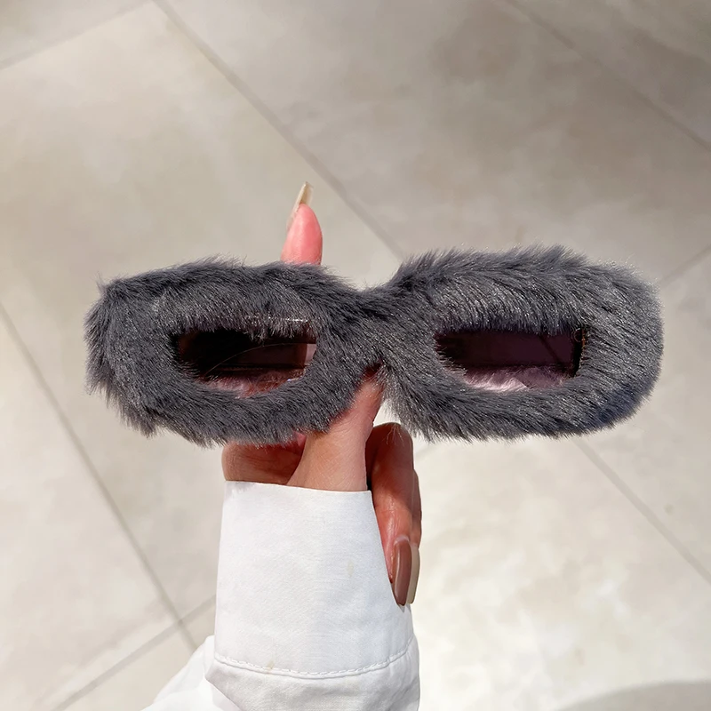 KAMMPT Rectangle Sunglasses Women Fashion New in Furry Frame Vintage Shades Eyewear Brand Design UV400 Winter Party Sun_voghion.com