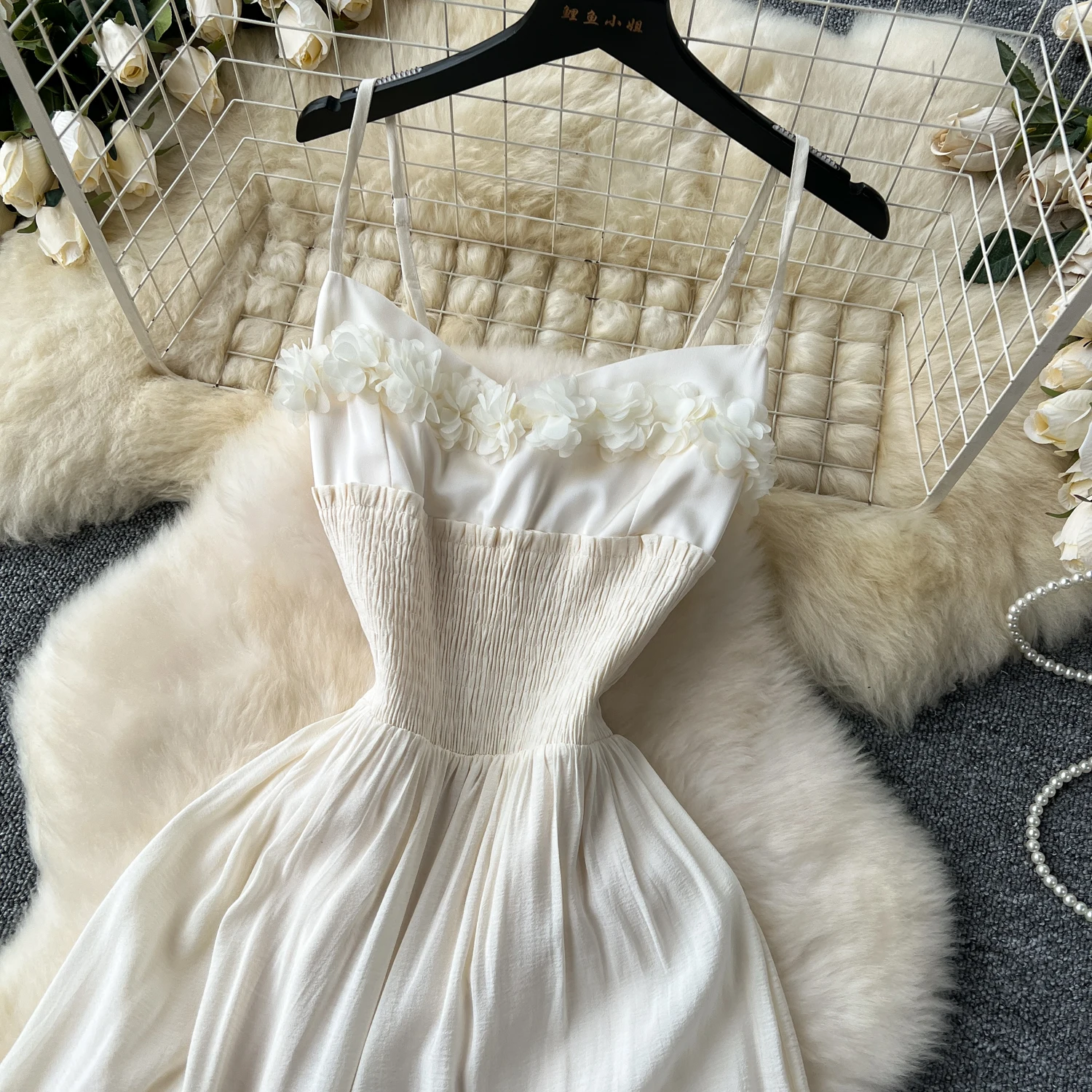 Vintage Elegant Three-dimensional flower ruffle slip Dress A-line