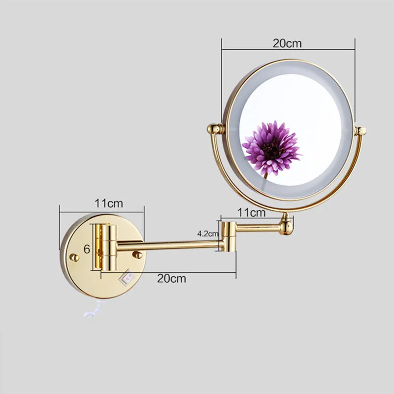 Brushed Gold LED Bathroom Mirrors Quality Brass Folding Magnifying Hotel Bathroom Makeup Mirror LED Light Bathroom Mirrors 2