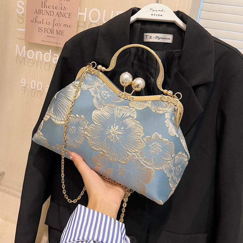 Embroidered flower handbag for women fashion 2023 purse bag Pearl clip shoulder bag elegant High quality crossbody bags for Girl