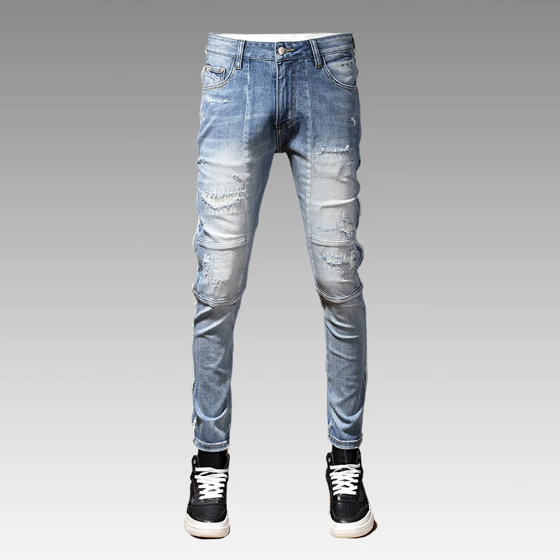 Street Trend Fashion Men Jeans Retro Light Blue Elastic Stretch Skinny Patchwork Ripped Jeans Men Spliced Designer Hip Hop Pants brand star embroidery jeans retro casual pants street trend straight loose pants fashionable hip hop style street men s джинсы