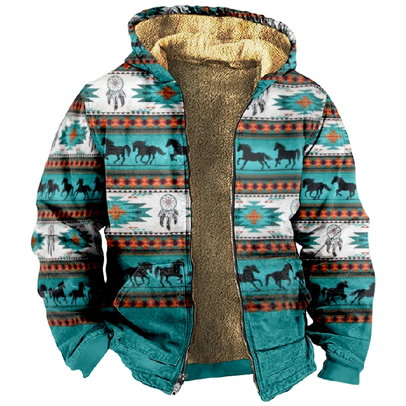 2023 New Totem Pattern Cotton Coat Hooded Sweater Casual Print Long Sleeve Zipper Sweater Thick Cotton Coat Winter