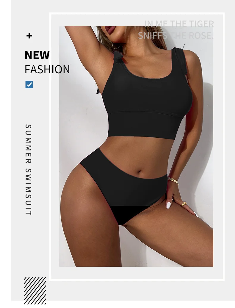 2024 neue Feste Farbe Mode Split Bikini Sexy Hohe Taille Sport Bademode für Frauen_voghion.com