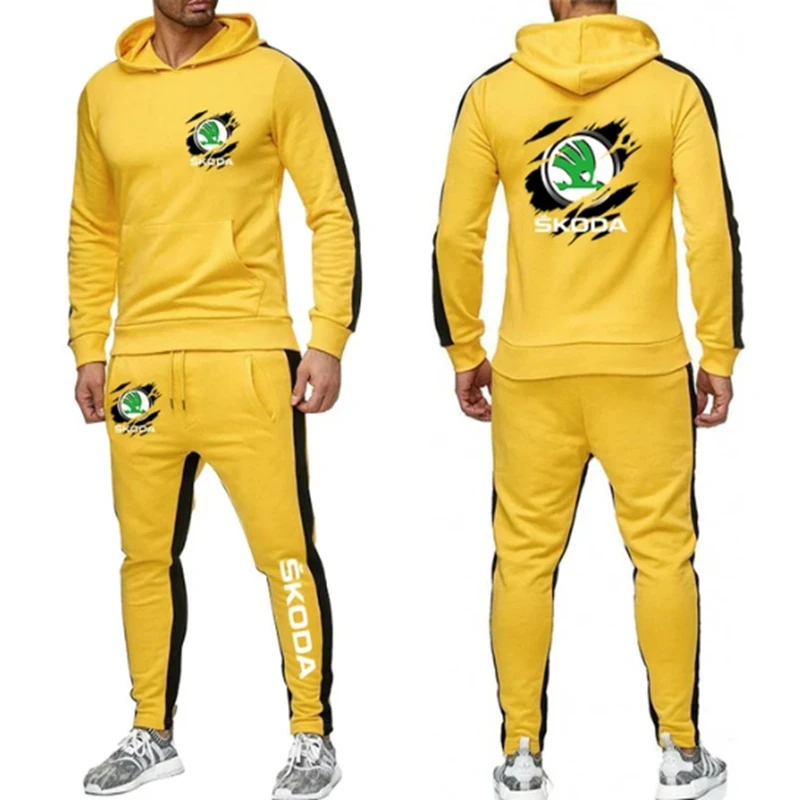 NEW Men Spring Autumn Stylish SKODA Logo Solid Color Sweatshirt Set Casual Long-sleeved Hoodies Pants Polar Two Piece Suit 4