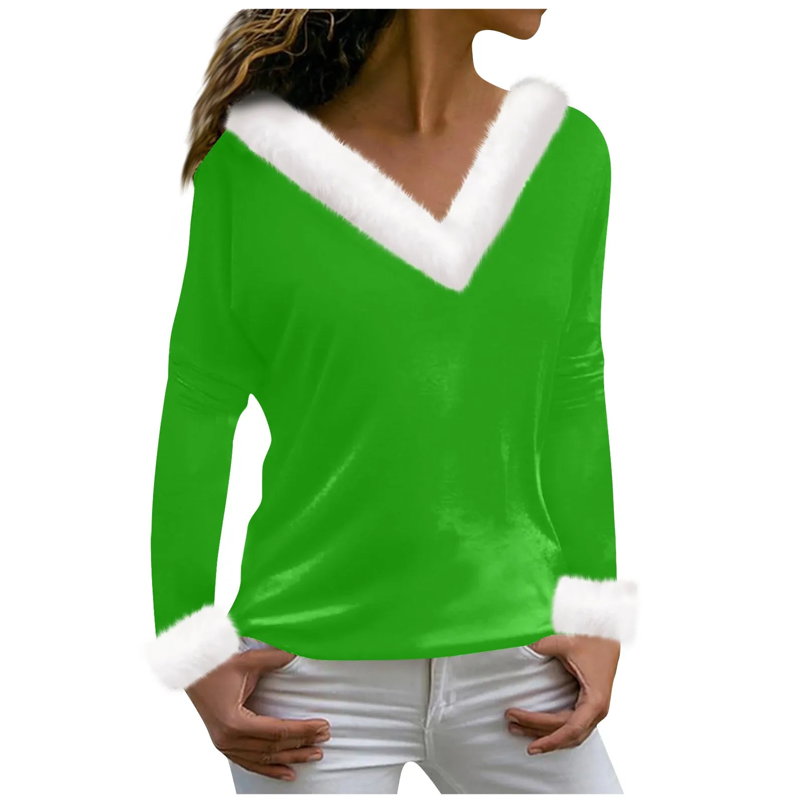 

НОВАЯ РОЖДЕСТВЕНСКАЯ рубашка Женская свободная однотонная Толстовка плюшевый воротник и манжеты Повседневный пуловер с V-образным вырезом топы Женская одежда