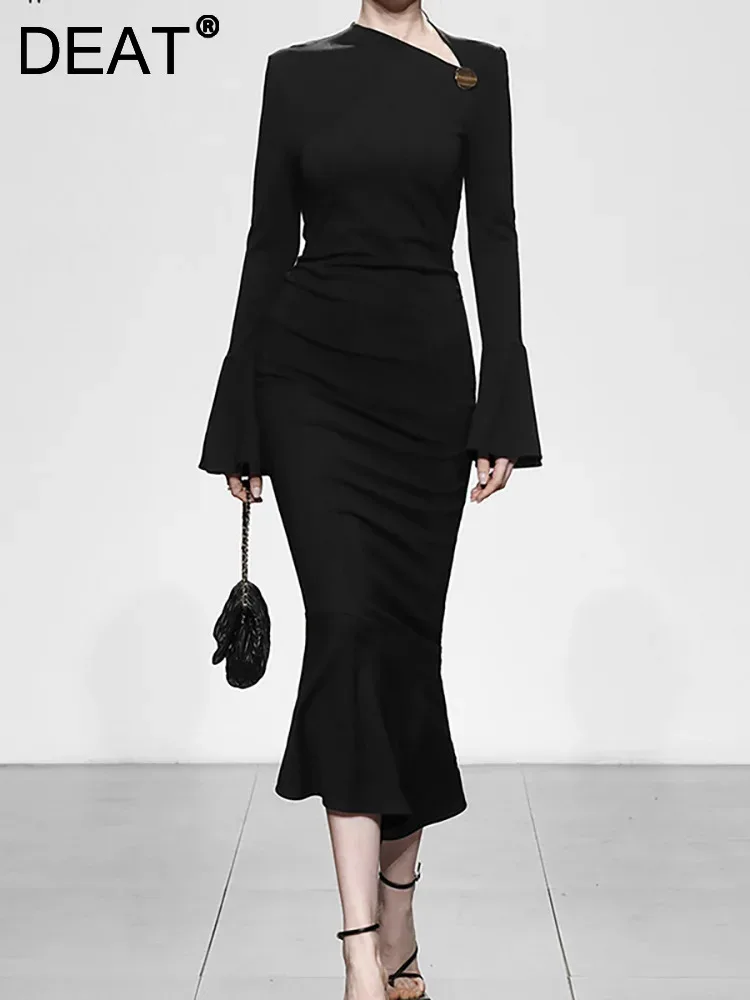 

DEAT Women's Evening Irregular Dress Collar Flare Sleeve Waist Asymmetric Slim Zipper Fashion Dresses Spring 2024 New 13DB1505