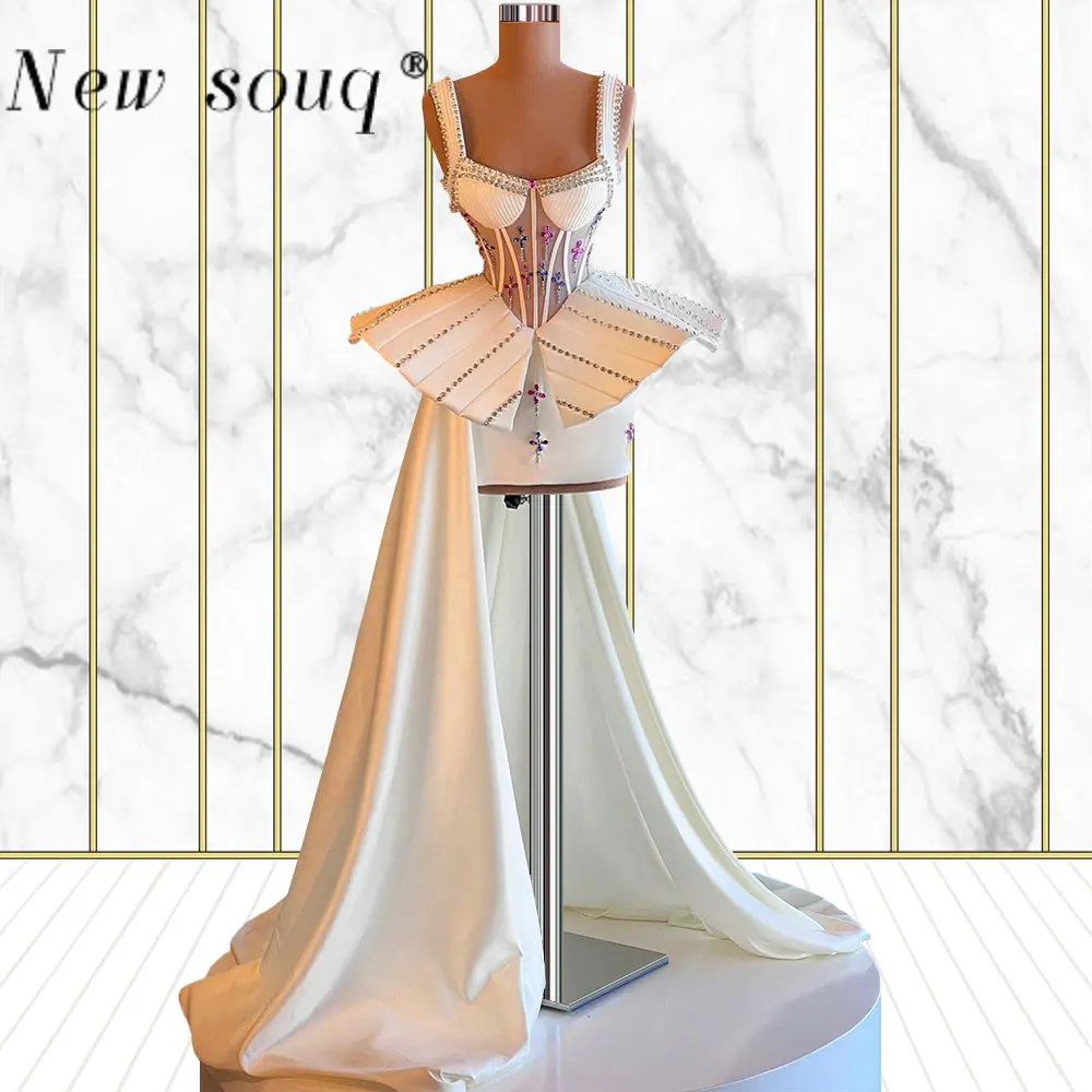 

Stylish Crystals Short Prom Dresses with Side Long Train Mermaid Peplum Mini Sleeveless Girls Party Dress Elegant Women Gowns
