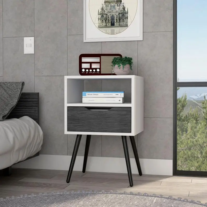 

Mall DEPOT E-SHOP Emma Nightstand, Superior Top, Four Legs, One Open Shelf, One Drawer, Smokey Oak White