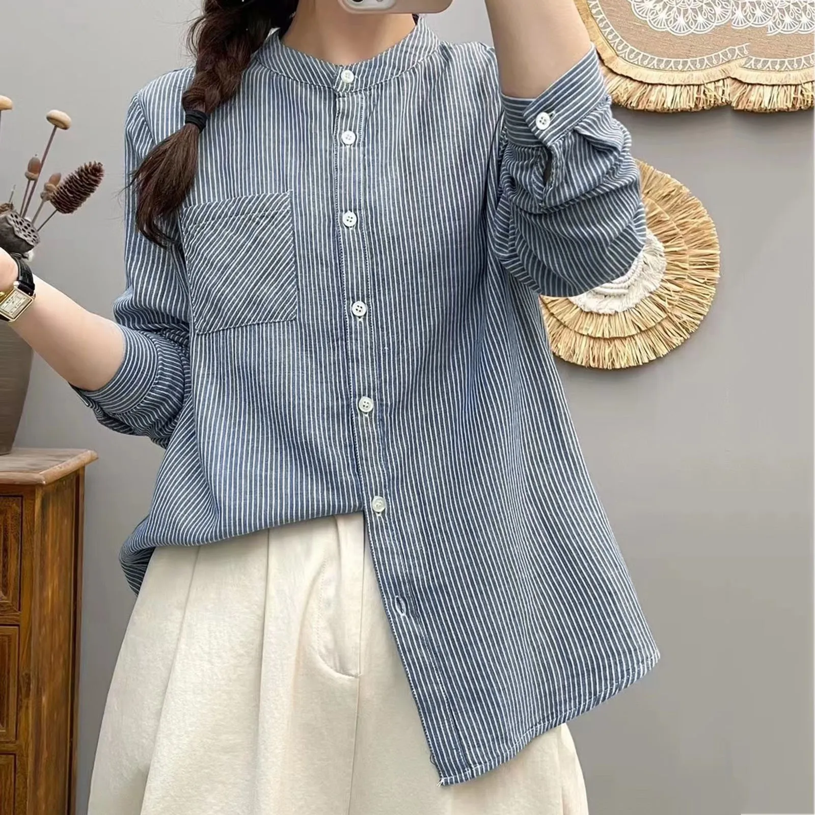 

New Summer Cotton Shirt Women Long Sleeve Blouses Crew Neck Solid Casual Tunics Tops Loose Simple Versatile Commute Blouses 2024