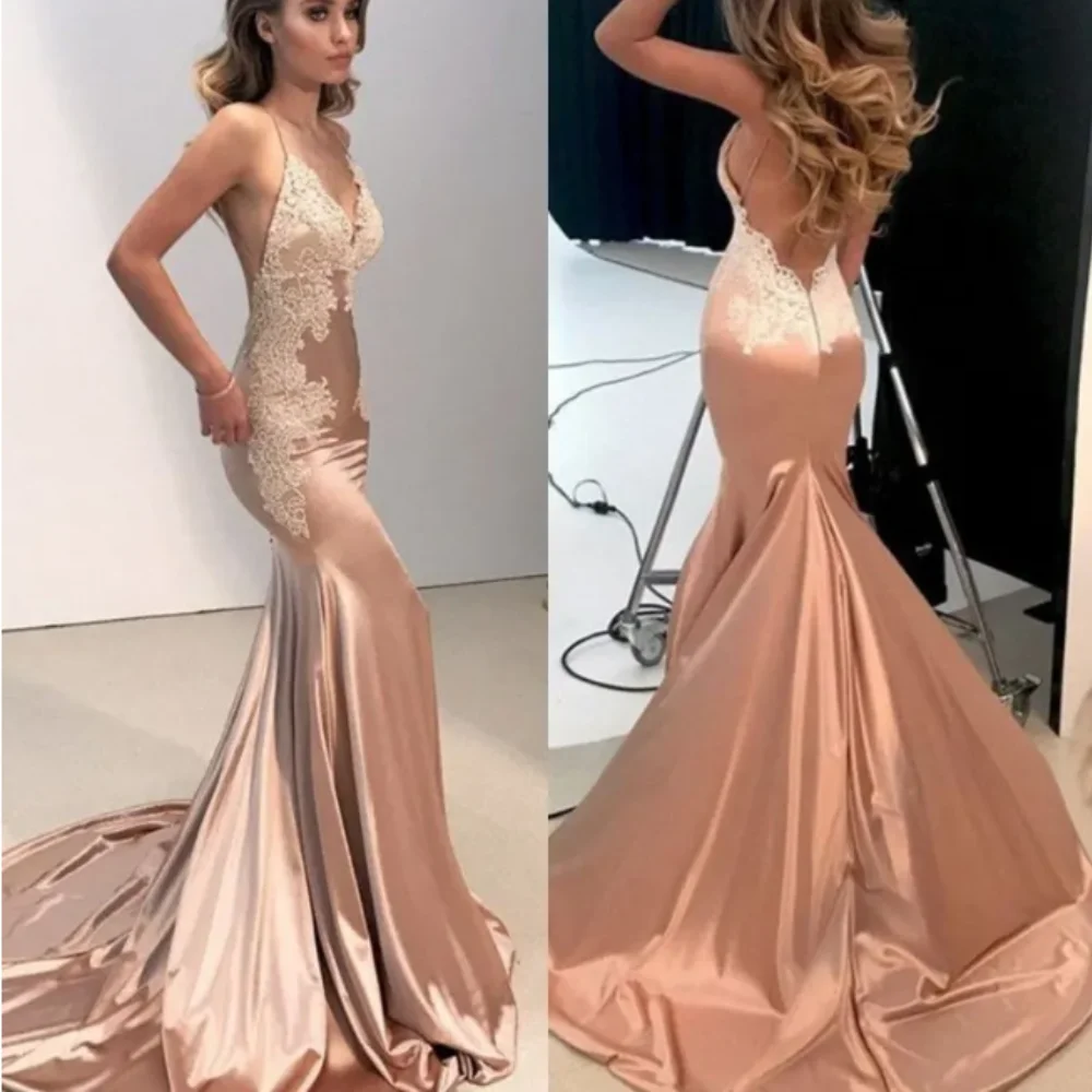 

Simple Satin Evening Dresses Spaghetti Straps Mermaid Party Prom Gowns V-Neck Appliques Backless Customed Formal Occassion Wear