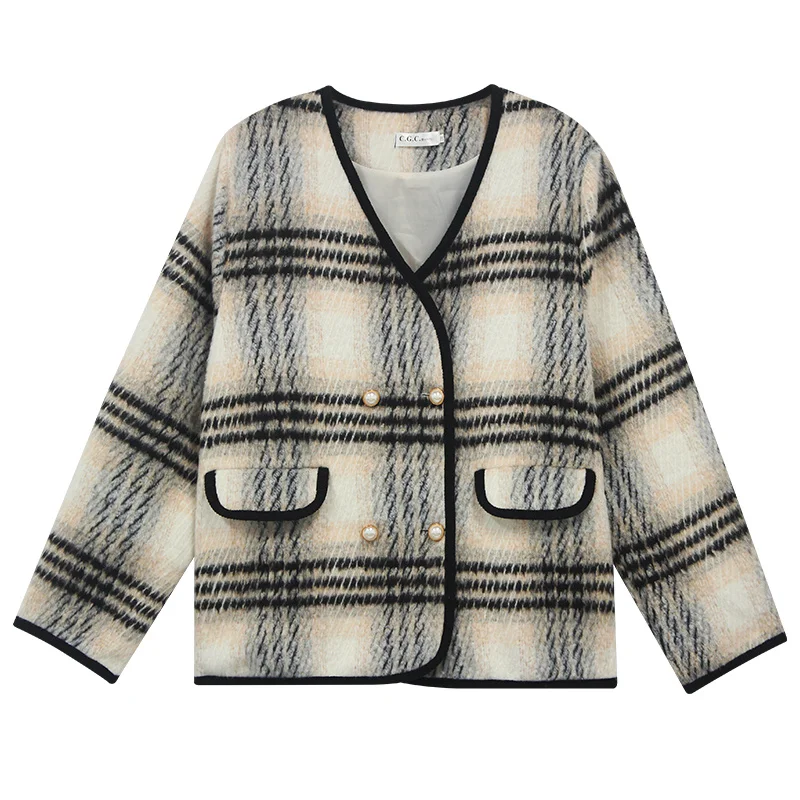 

Vintage Double breasted buckle Quilted Plaid Woolen Jacket For Women's Winter New Cotton Jacket With Thickened Woolen Coat M-4XL
