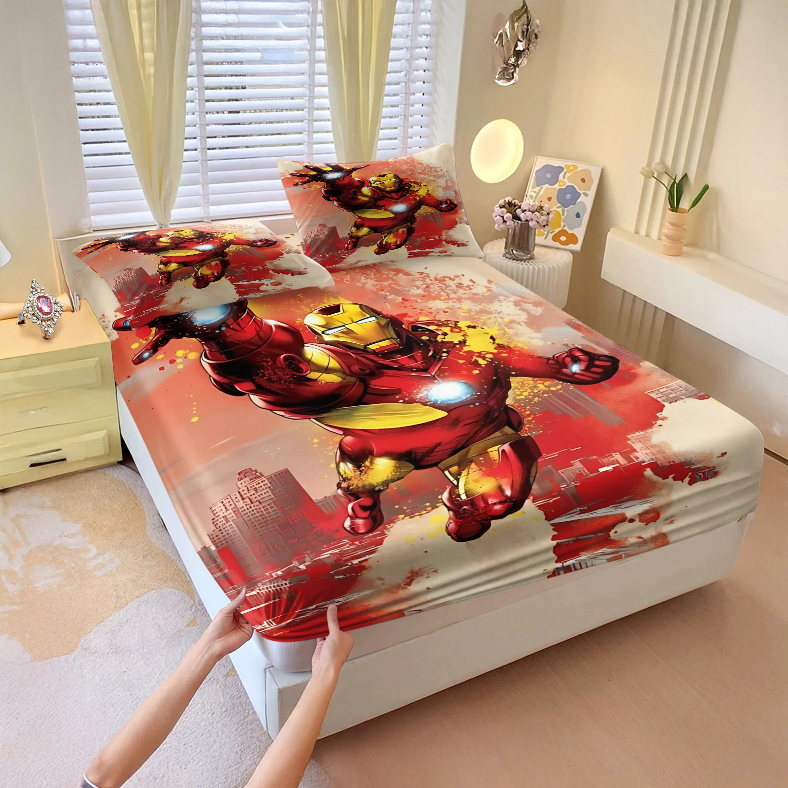 Ensemble de draps imprimés Marvel Iron Man comprenant deux taies d'oreiller, ensemble de literie doux et confortable 3 pièces, adapté à la décoration de la chambre.