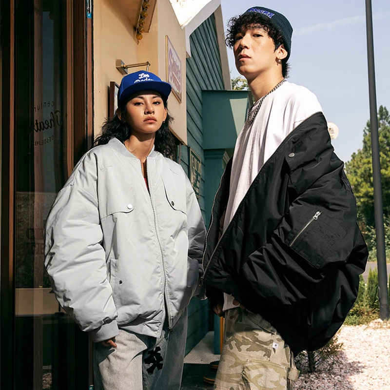 

Winter Thickening Warm Street Men Bomber Jackets Color Contrast Loose Jacket Pilotcoat Autumn Hip Hop Korean Fashion Unisex Coat