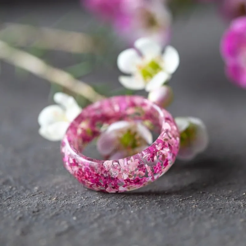 Newly Arrived Ring Transparent Resin Drip Glue Cherry Blossom Petal Ring Women's A Literary and Eye-catching Dried Flower Ring 3
