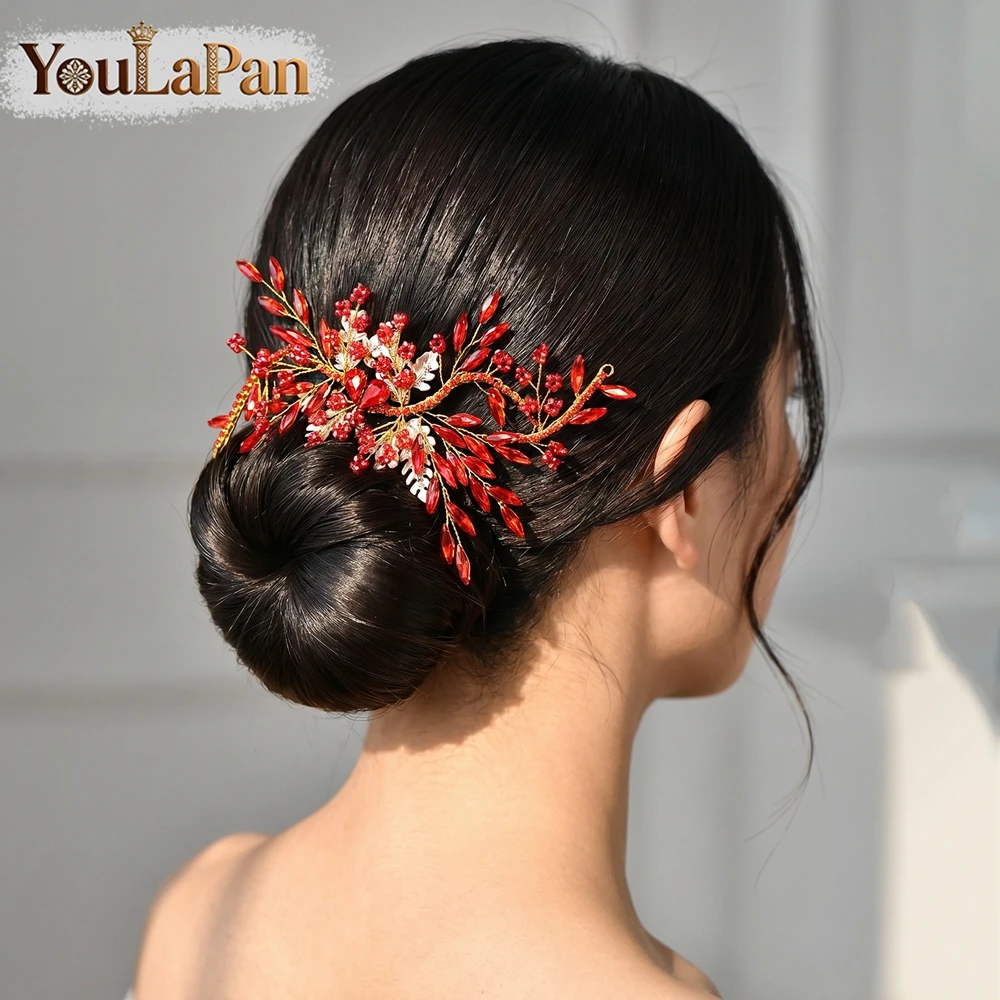 YouLaPan 트렌디 한 라인스톤 페르시 신부 꽃 머리 장식 레드 컬러 웨딩 머리띠 파티를위한 빈티지 헤어 액세서리 HP277
