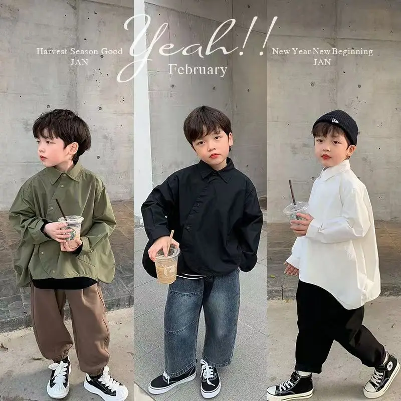 Kids Shirts Boys Shirts Fashion Children's Long sleeve Spring Autumn single-breasted Boys Pure color Shirt Baby Korean Style Coat clothes Top Jacket