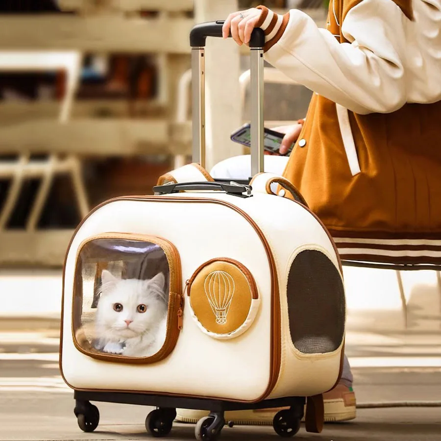 Designer Cat Carrier Cute Travel Luggage Case Breathable Cat Carrier Portable Outdoor Wheeled Hard Shell Bolsa Gato Pet Backpack