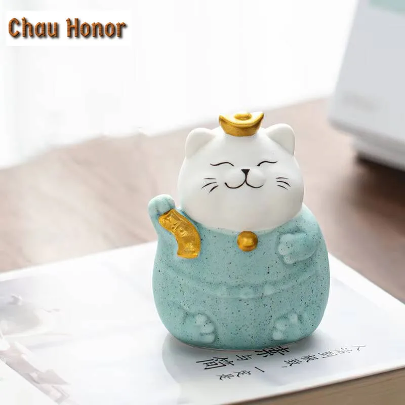 Boutique Cute Lucky Kitten Sculpture Ceramic Tea Pet Handmade Household Living Room Office Decoration Accessories Birthday Gift