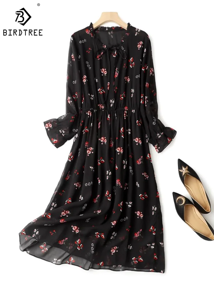 birdtree-100-pure-silk-double-layer-dresses-women-ruched-collar-loose-waist-flower-print-mid-length-dress-summer-new-d37926qm