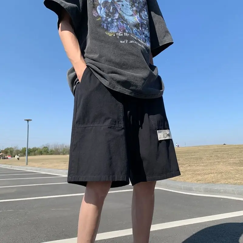 Men's 2024 Summer New Patchwork Elasticized Drawstring Pockets Fashion Solid Color Letters Loose Comfortable Casual Shorts