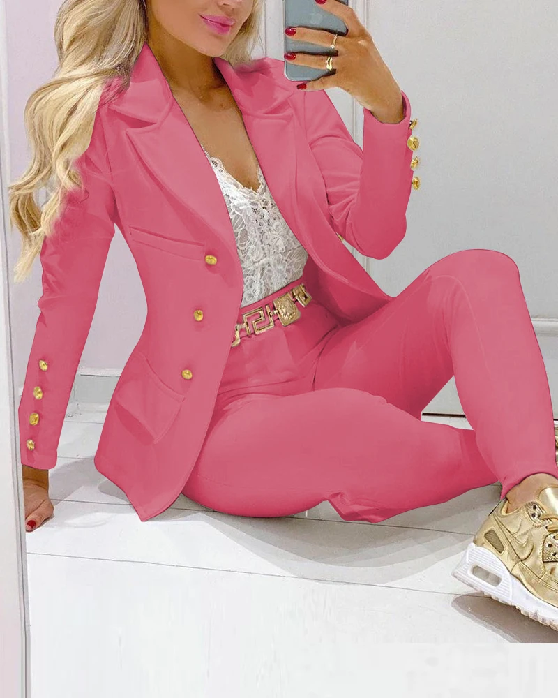 evening pant suits 2021 Femme Formal Jacket & Trousers Office Lady Outfits Autumn Women two Pieces set Chain Print Blazer Coat & Pants Suit Sets pink sweat suits Suits & Blazers
