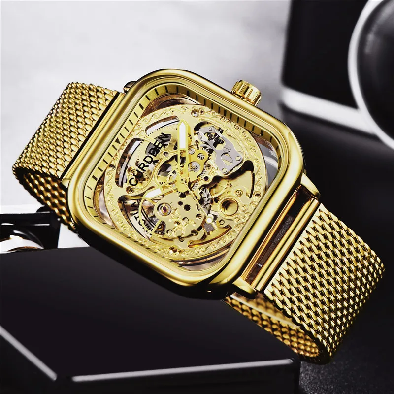 Original CURDDEN Brand Watches For Men Fashion Stainless Steel Band Luxury Golden Skeleton Vintage Automatic Mechanical Watch