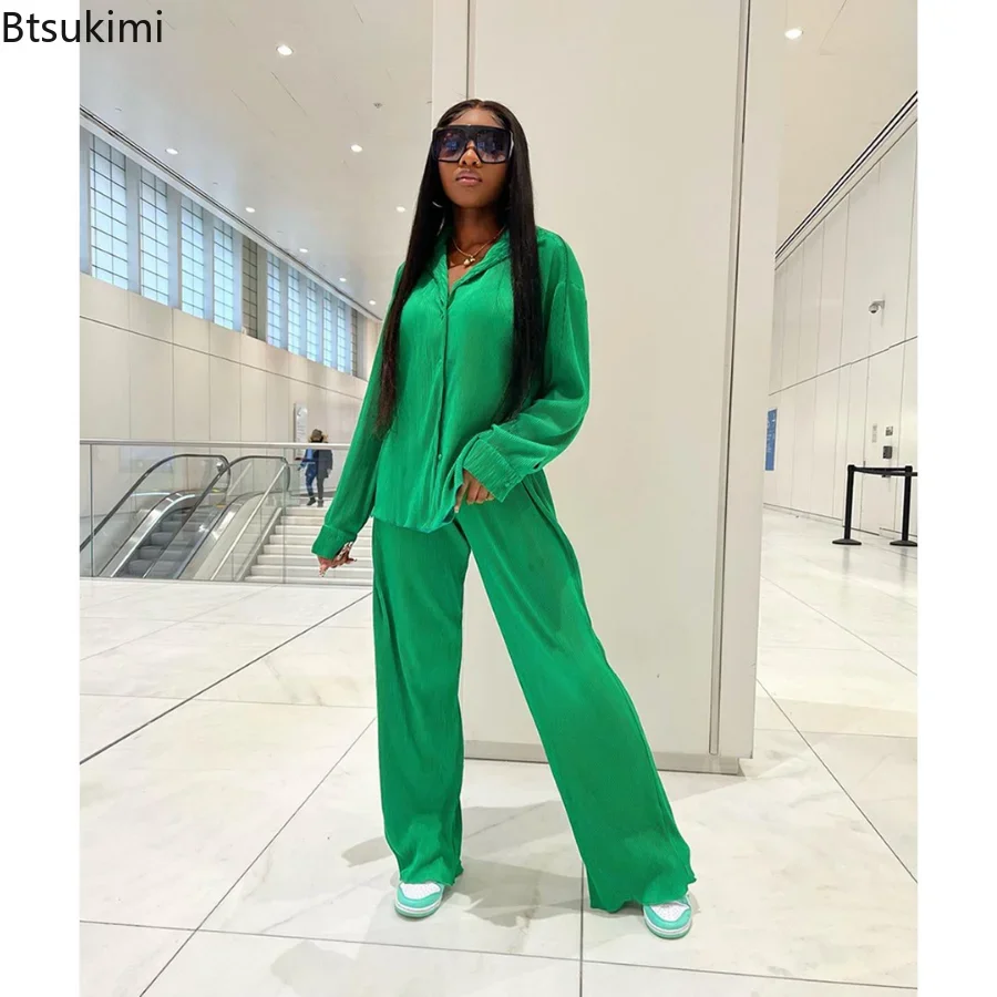 

2024 Women's Casual Pants Sets Pleated Fabric Long Sleeve Shirt Tops and Wide Leg Pants Sets Female Two Piece Fitness Outfits