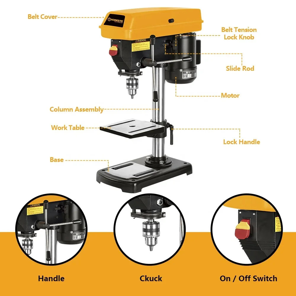 WORKSITE Customized 8" Drill Press 5 speed Solid Steel Industry Level Mini 350W Stand Benchtop Drill Press 2