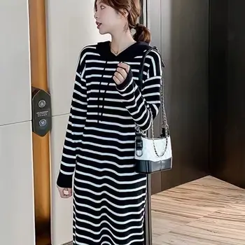 Abito maglione lavorato a maglia gonna a tubino dritta a righe alte al ginocchio a maniche lunghe calda autunno e inverno delle nuove donne 1