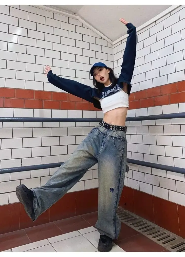 y2k Korean Wide Leg Jeans For Women hip hop highsteet High Waisted Casual Loose Fitting Retro Slim Straight Leg Denim Pants