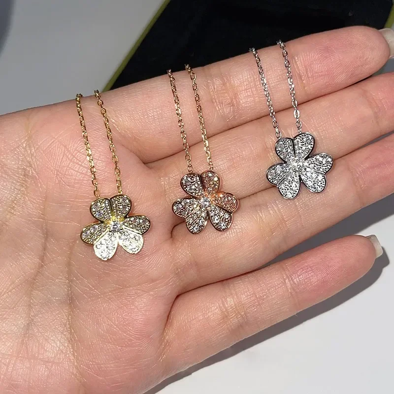 

925 Silver Full Diamond Clover Necklace For Women Europe And Usa New Fashion Sweet Temperament Ladies Famous Brand Jewelry Gift