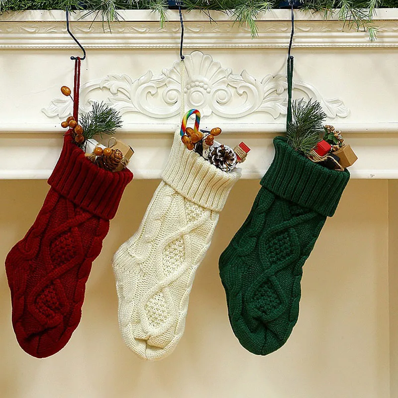 

1pc Knitted Christmas Stocking Crochet Gift Bags Santa Elk Socks Christmas Tree Fireplace Hanging New Year Navidad Xmas Decor