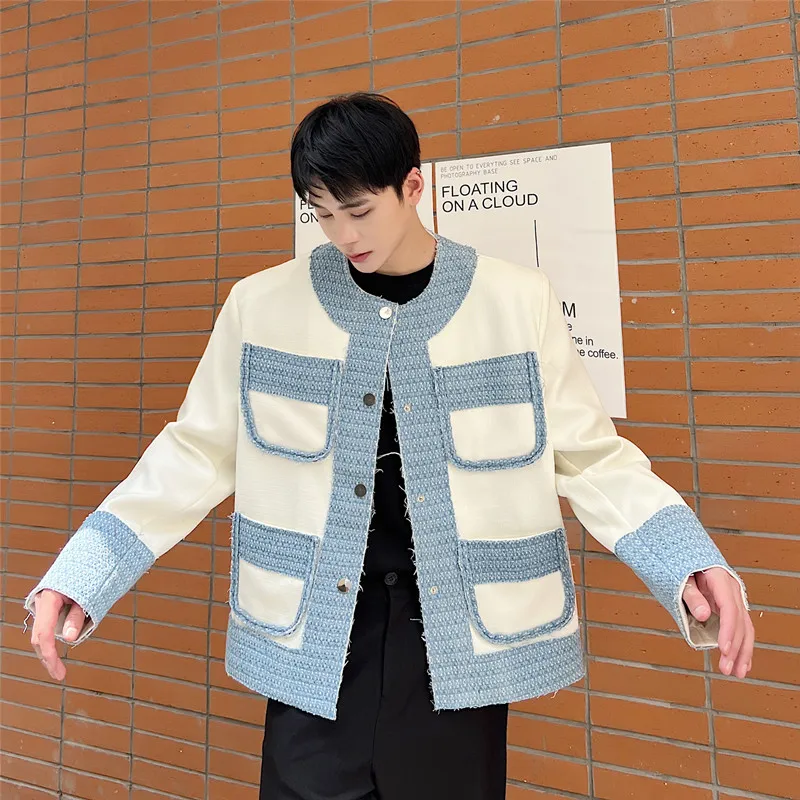 

2023 Men Jacket Korean Style Casual Single Breasted Spring Autumn Jacket Coat Patchwork Loose Male O-neck Outerwear Coats L166